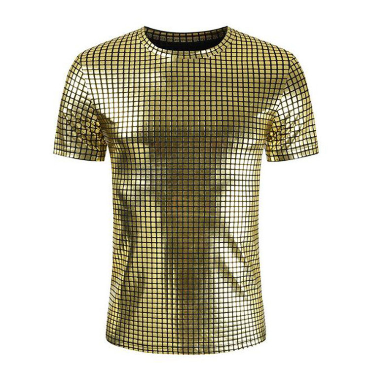 Night Club Wear Mens T-Shirts Shiny Metallic Tshirt Mens Shorts Sleeve T Shirt For Disco Party Casual Round Neck Stage Show Tops