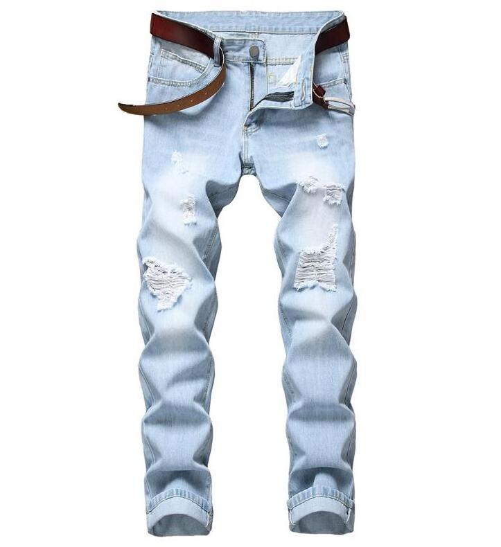 Hollow Out Stretchy Ripped Skinny Biker Jeans Taped Slim Fit Denim Pants motorcycles wrinkles pants Knee Hole Jeans