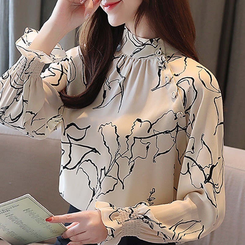 2023 Long Sleeve Office Lady Women Blouses Shirts White Flower Print Chiffon Women Tops With Button Blusas Mujer De Moda B985