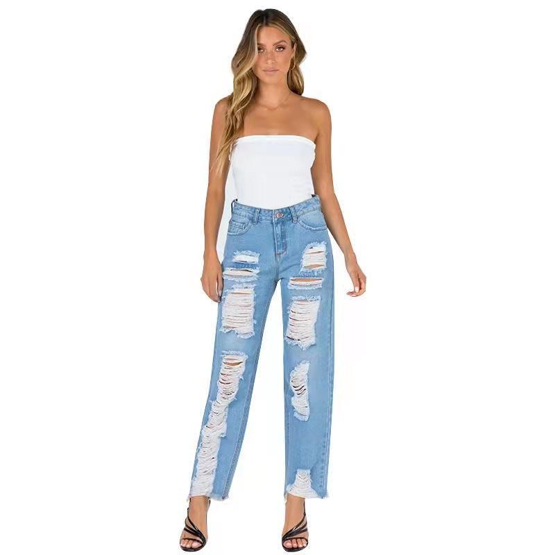 New Wholesale Fashion Design Ladies Trousers Denim Ripped Woman Jeans Pants Blue Loose Mom Boyfriend Jeans High Waist Jeans