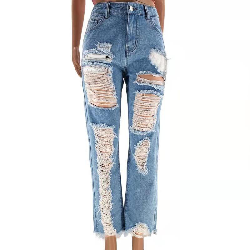 New Wholesale Fashion Design Ladies Trousers Denim Ripped Woman Jeans Pants Blue Loose Mom Boyfriend Jeans High Waist Jeans