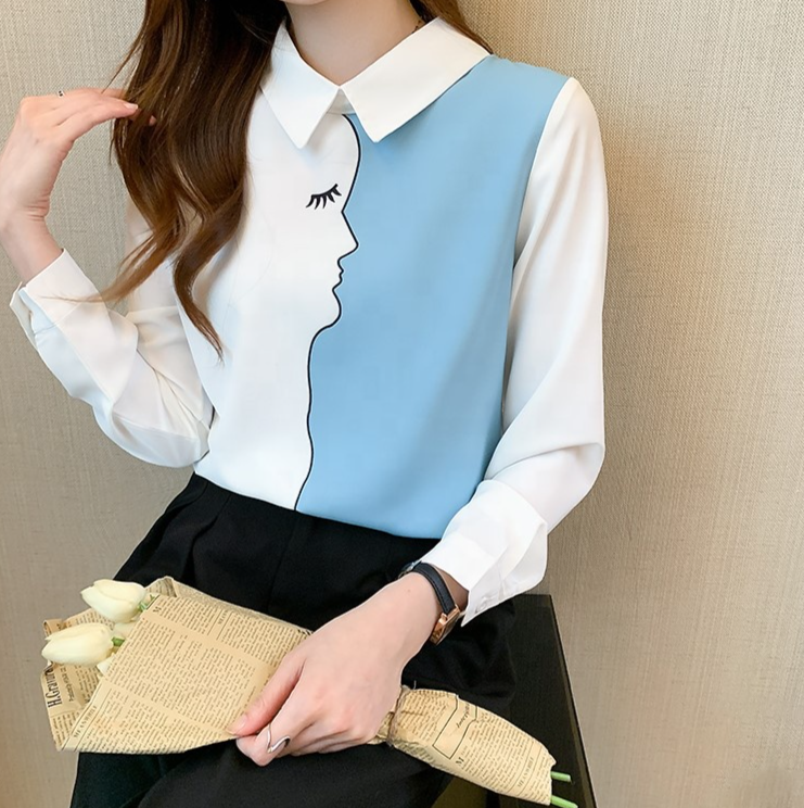 2023 Women Spring Autumn Vintage Stitching Print Blouses Korean Elegant Office Shirt Long Sleeve Shirt Ladies Chiffon Blouse Top