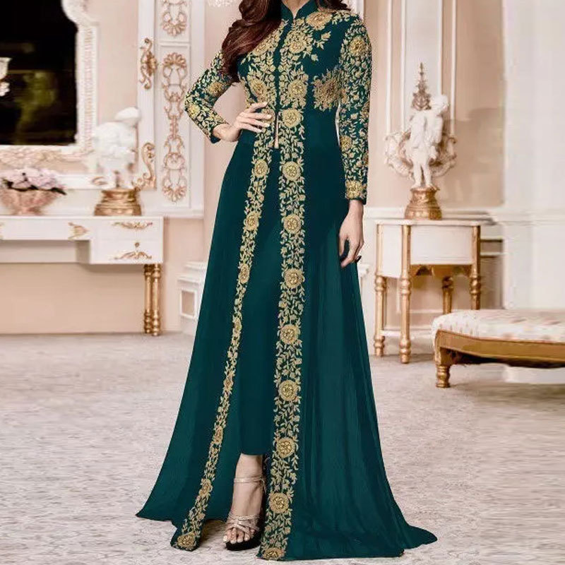 Wholesale Product Abaya Dubai Monsoon Evening Dress Skirt Printing Long Sleeve Moroccan Women Kaftan Gown Muslim Prom