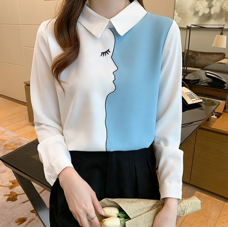 2023 Women Spring Autumn Vintage Stitching Print Blouses Korean Elegant Office Shirt Long Sleeve Shirt Ladies Chiffon Blouse Top