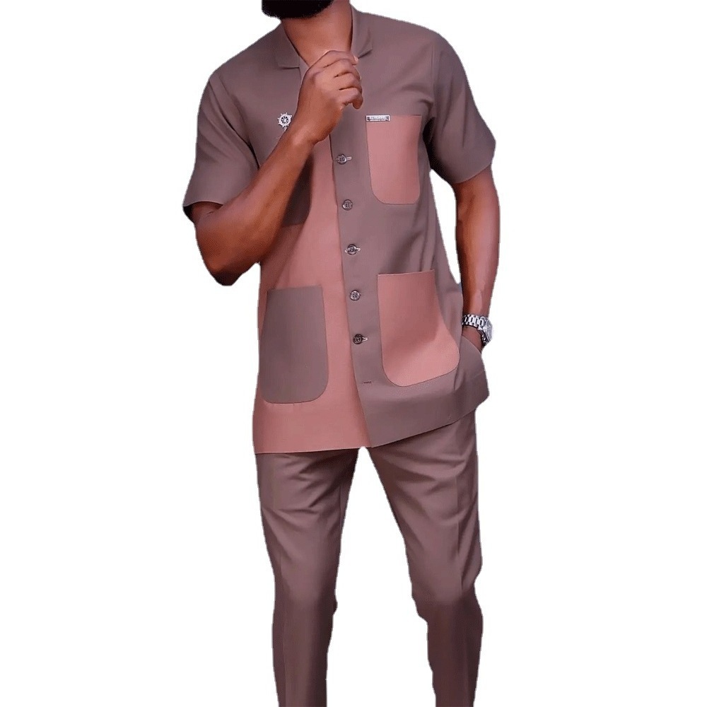 Wholesale Summer New Men's Sets Short Sleeve Round Neck Solid Color Simple Shirt And Casual Pants Two-piece African Men's Suit