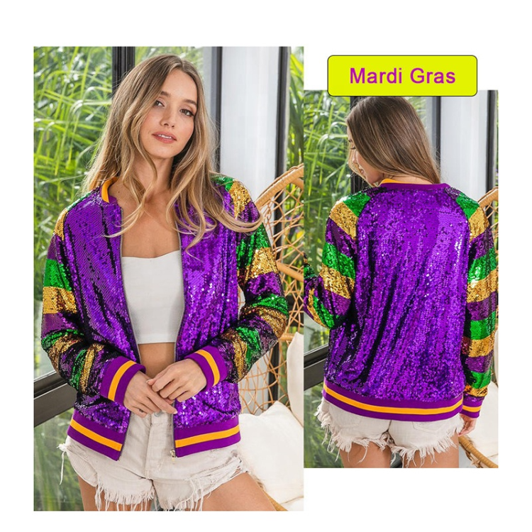 Wholesale New Arrival Apparel Shinny Sequins Green Gold Purple Zipper Coats Bling Mardi Gras Sequin Jacket For Women