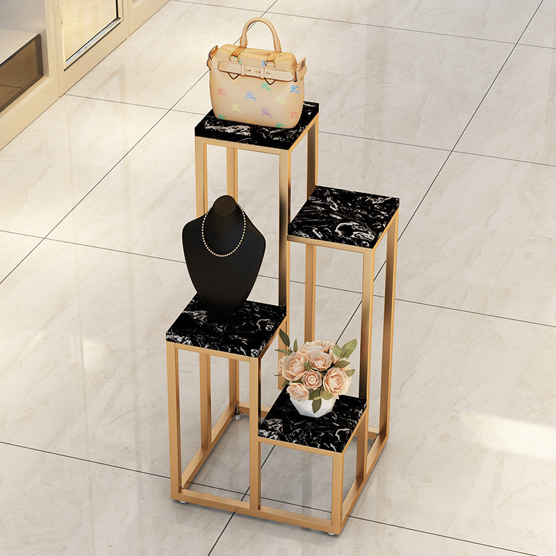 Kainice hot sales Shopping Mall 3-Tier Marble Grain Gold Metal Frame Handbag Clothing Shoes Display Table Rack