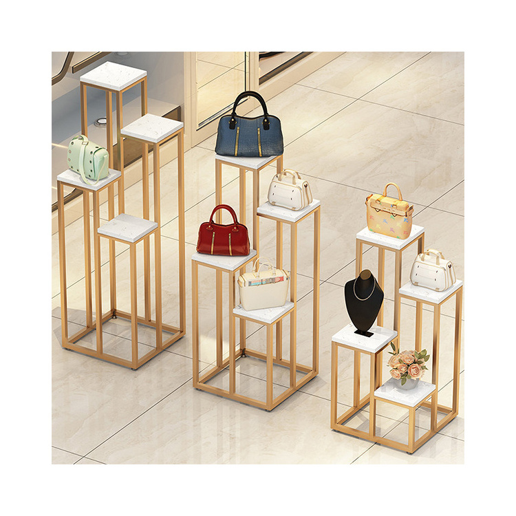 Kainice hot sales Shopping Mall 3-Tier Marble Grain Gold Metal Frame Handbag Clothing Shoes Display Table Rack