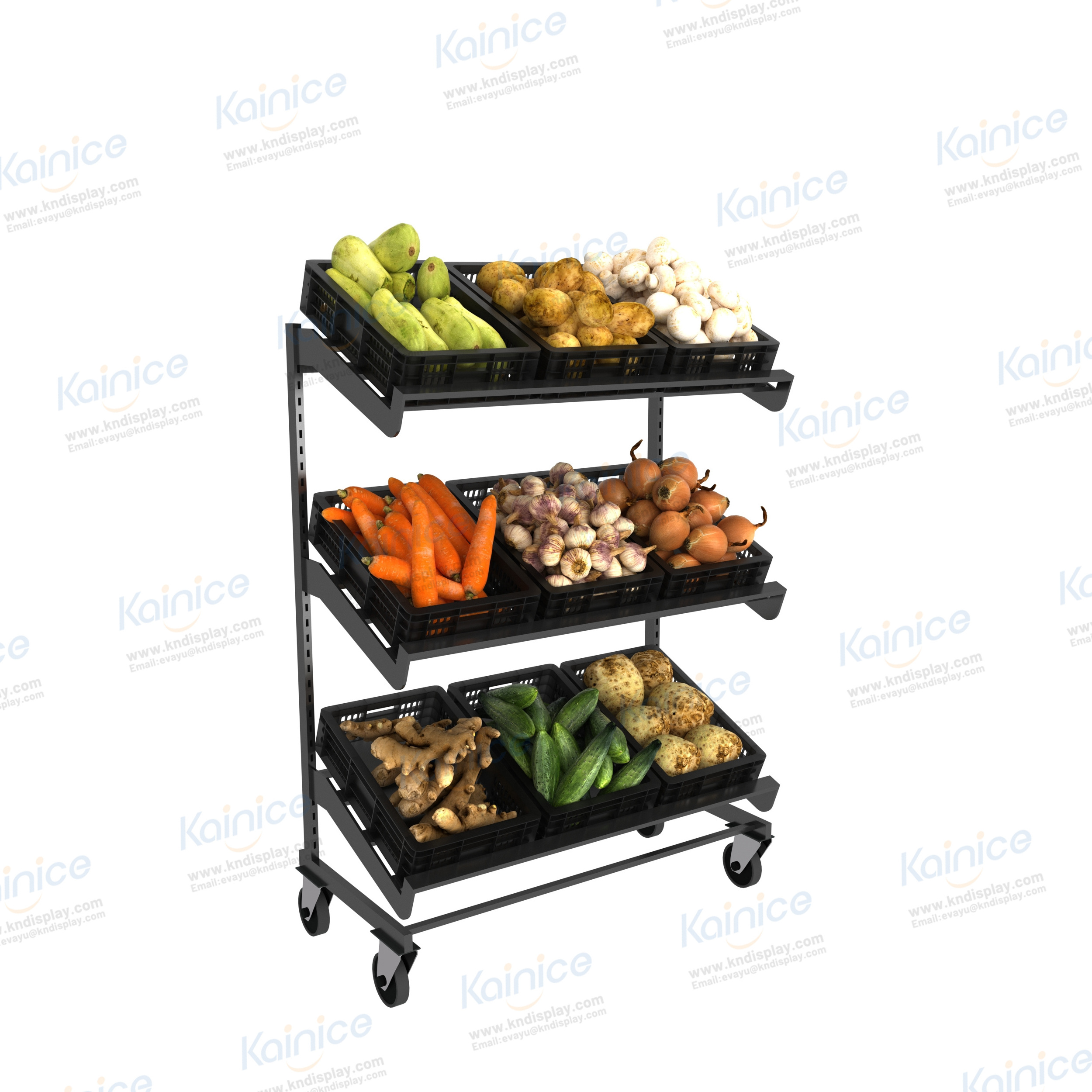 Kainice Big Capacity Vegetable Potato Fruit Shelf With Basket Against The Wall Display Rack Supermarket Wooden Display Shelves