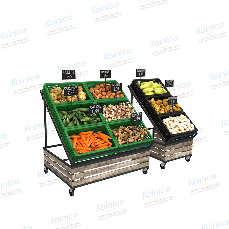 Kainice Big Capacity Vegetable Potato Fruit Shelf With Basket Against The Wall Display Rack Supermarket Wooden Display Shelves