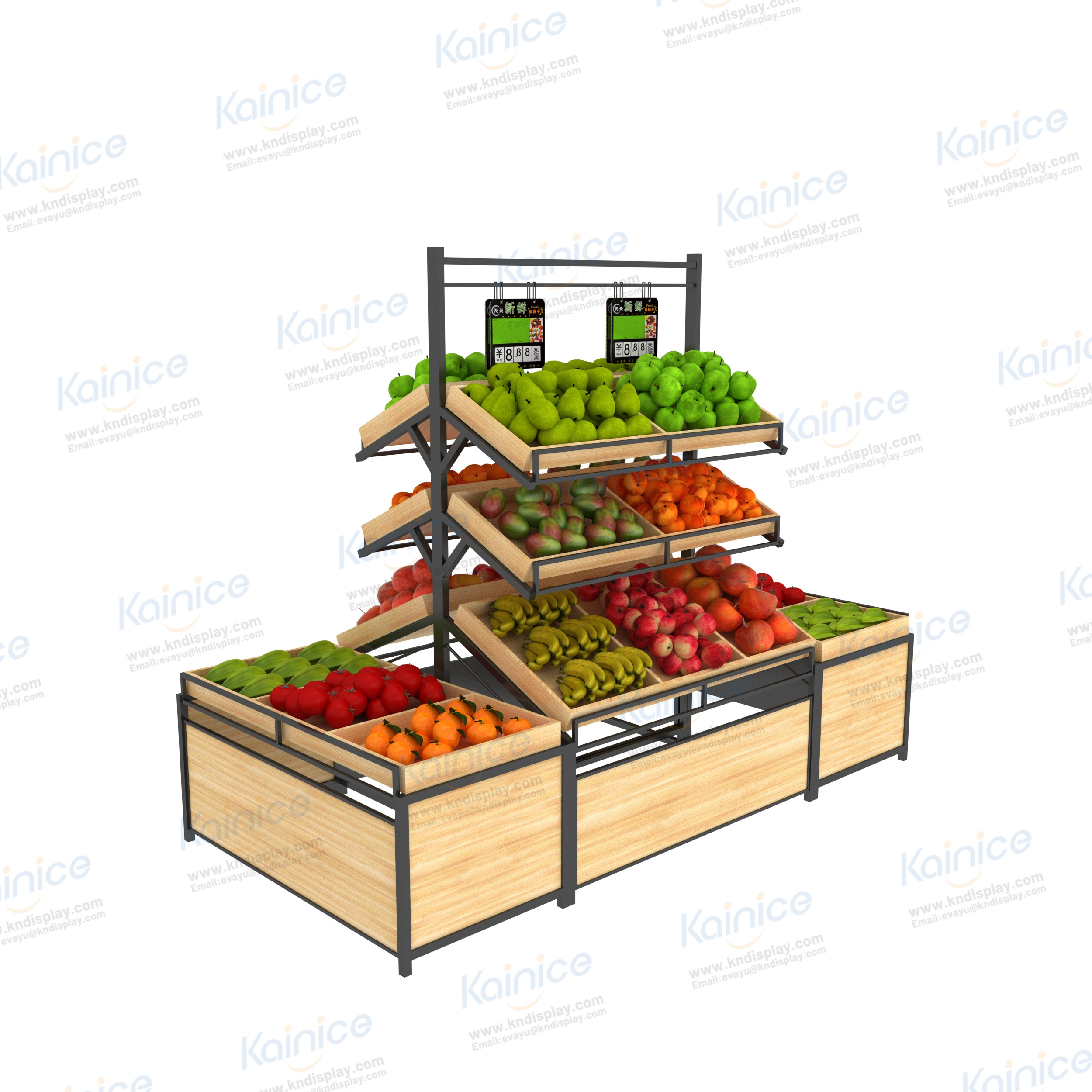 Kainice Big Capacity Vegetable Potato Fruit Shelf With Basket Against The Wall Display Rack Supermarket Wooden Display Shelves