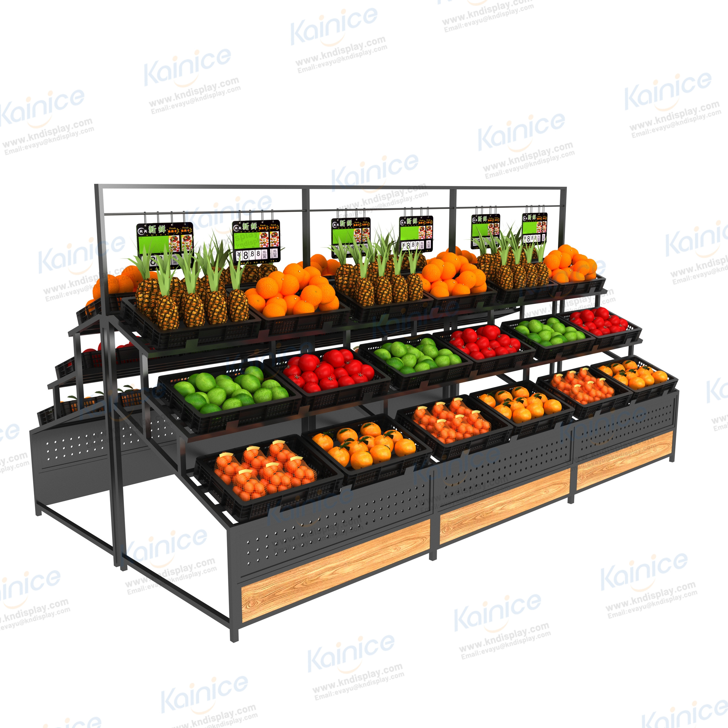 Kainice Big Capacity Vegetable Potato Fruit Shelf With Basket Against The Wall Display Rack Supermarket Wooden Display Shelves