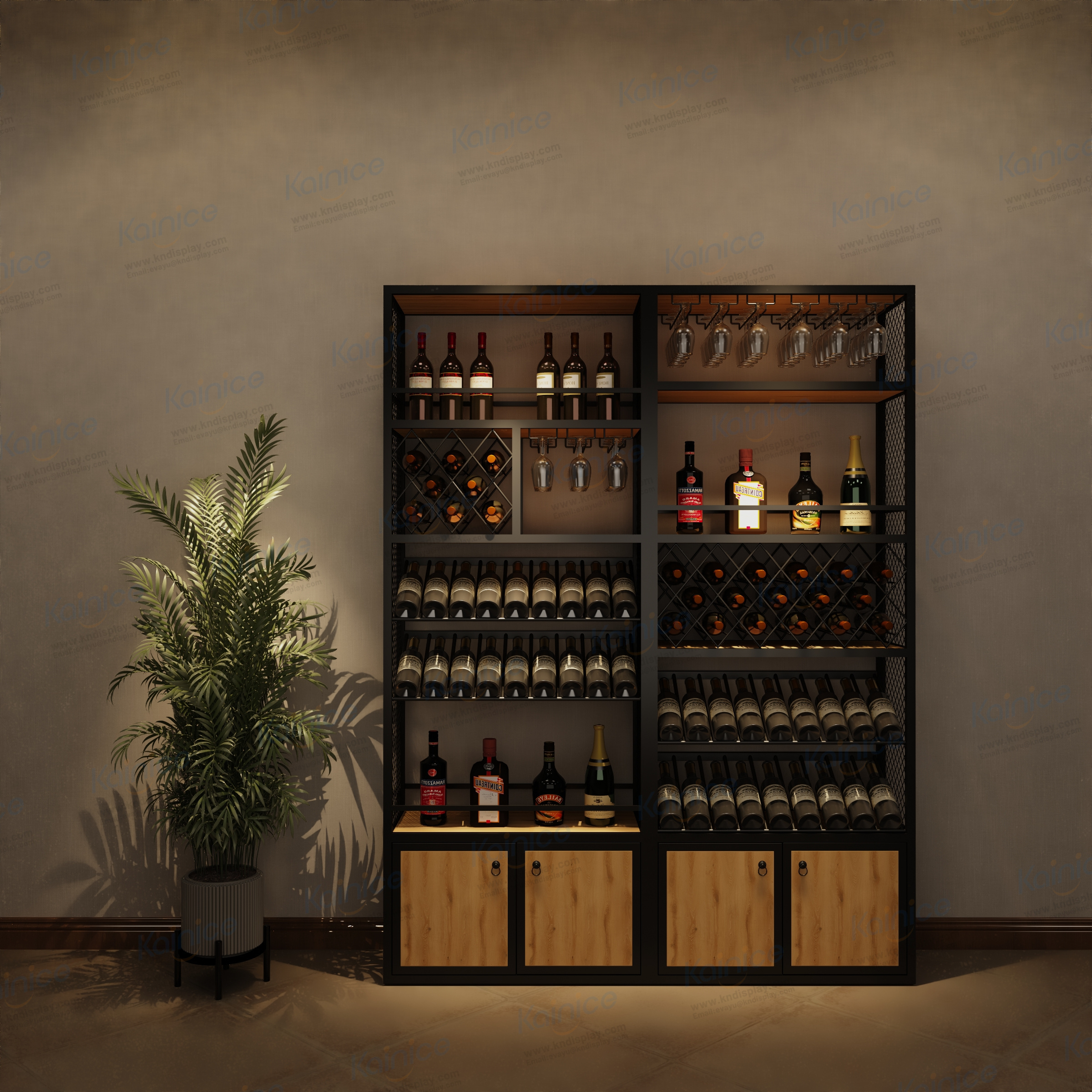 Kainice wine glass storage wooden standing cabinet with unique style stackable wine display rack support with glass holder