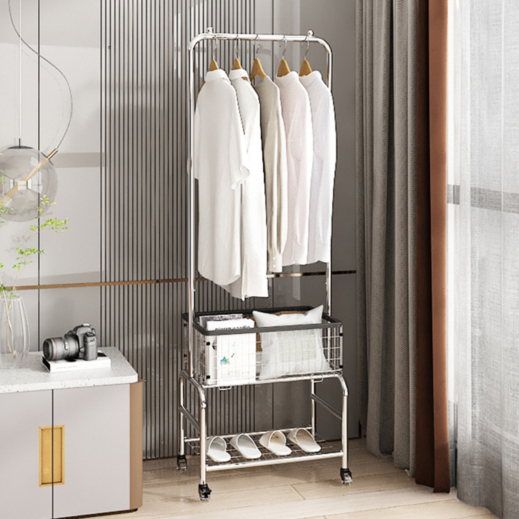 Kainice 3 Tier Metal Pole Rack Hanging Bar Laundry Cart Garment Rack Clothing Display Rack With Basket Storage