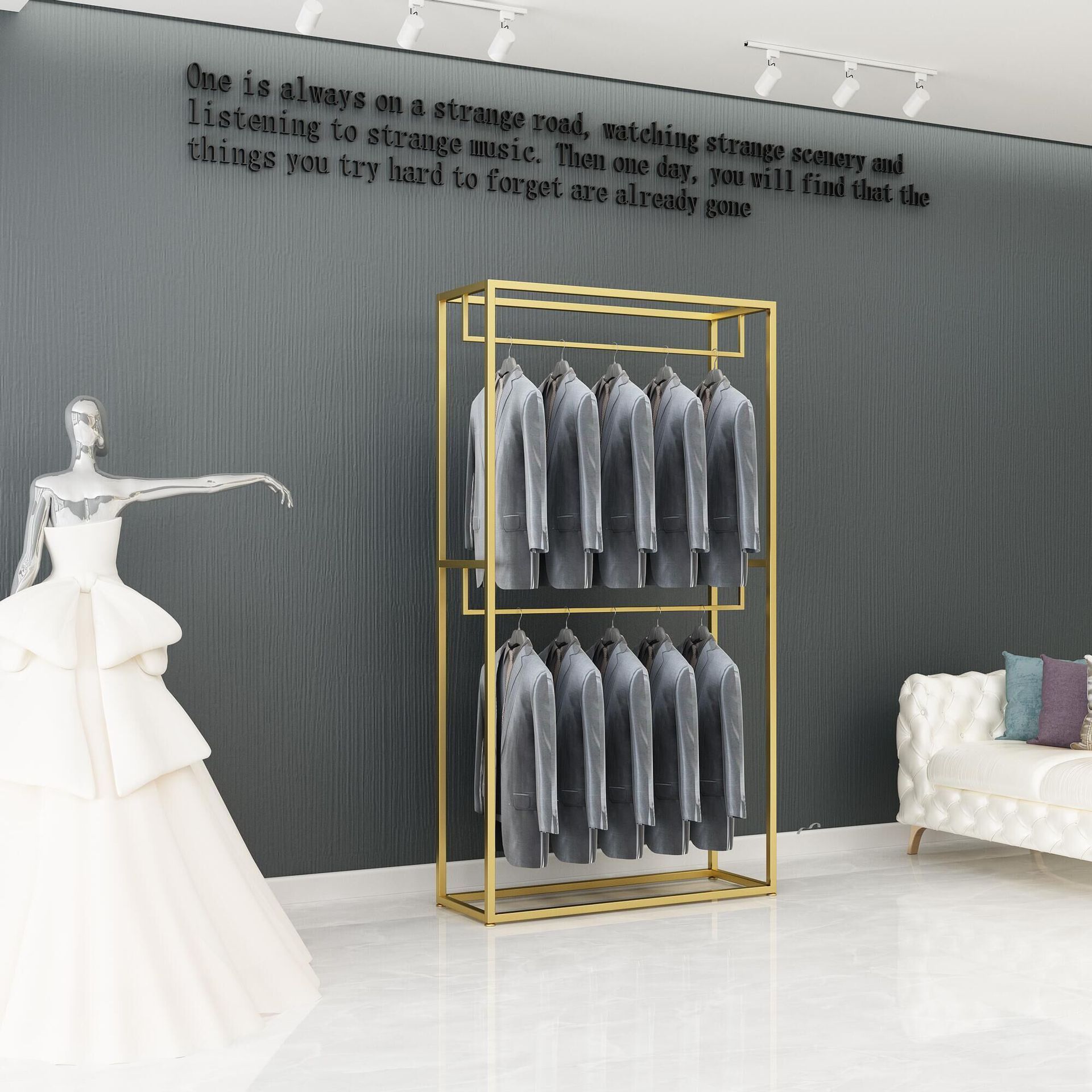 Kainice Retail Store Fixture Hanging Clothes Custom Shop Design Metal Gold Clothing Dress Display Rack