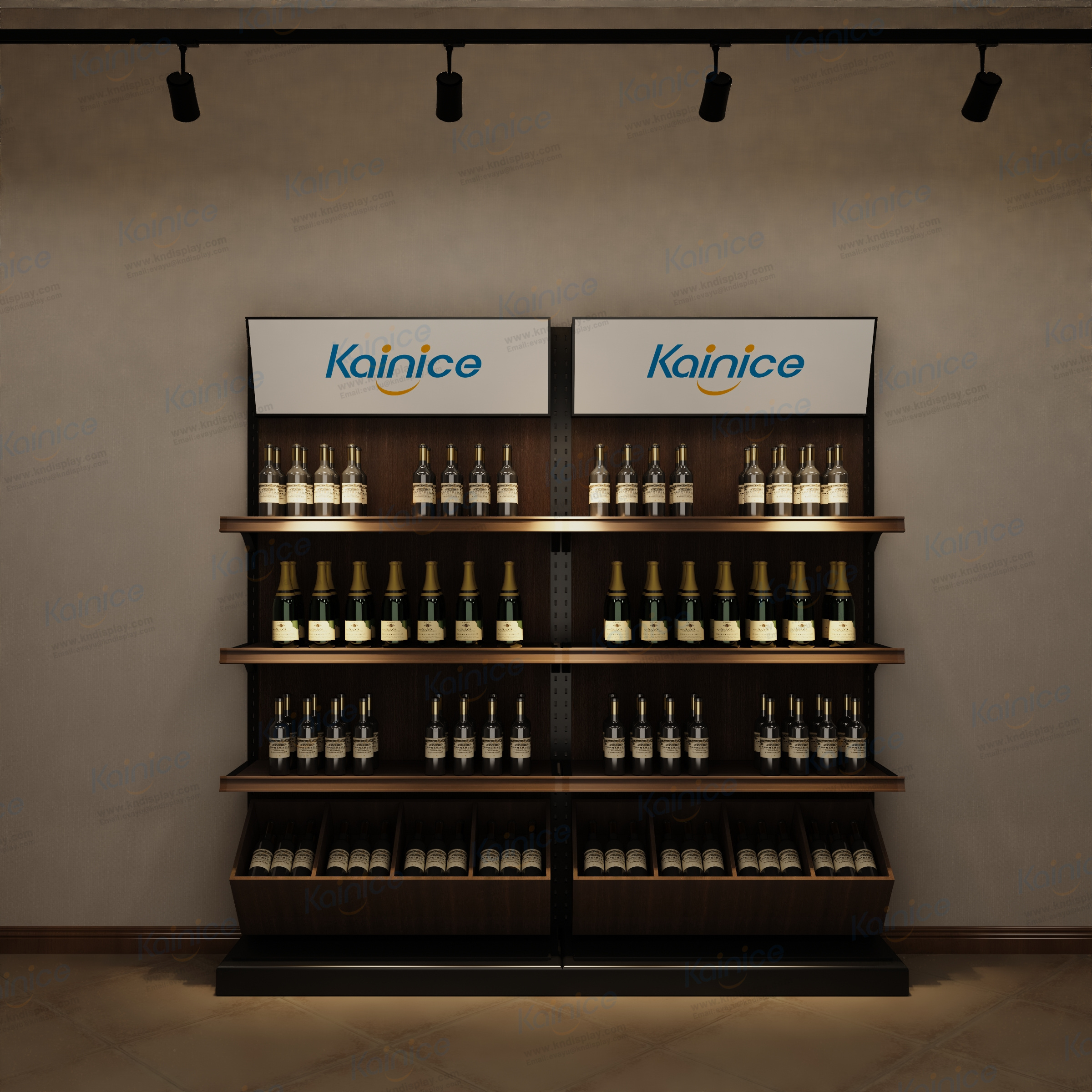 Kainice custom wooden big wall cabinet wine bottle display storage stackable racks free standing floor for bar restaurant