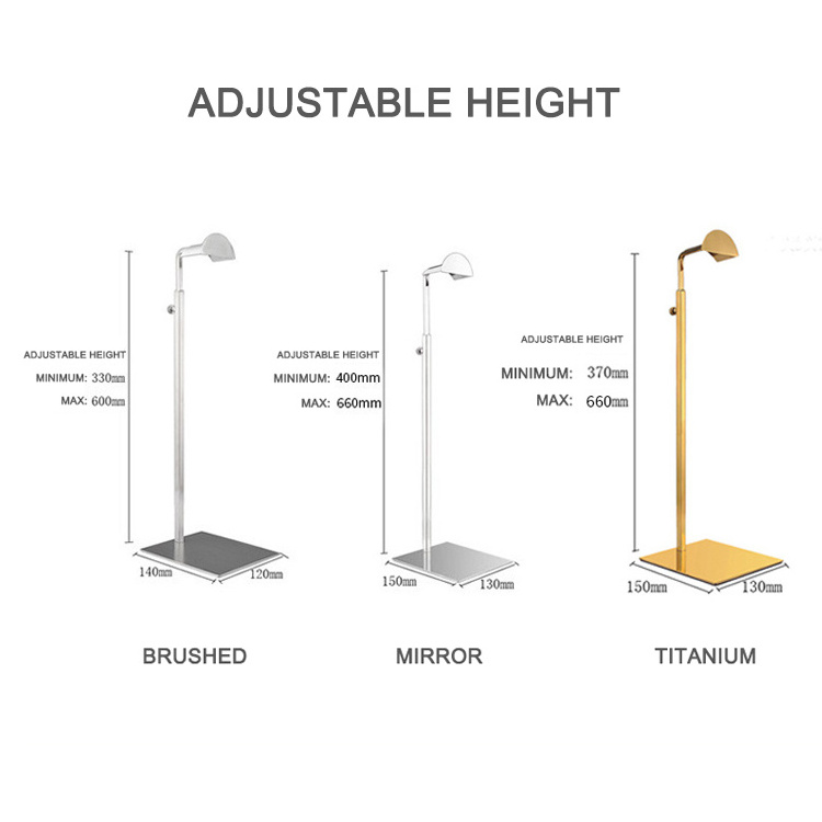 Kainice New Design Adjustable Purse Display Stand Metal Single Hanging Hook Bag Display Metal Base Handbag Display Stand