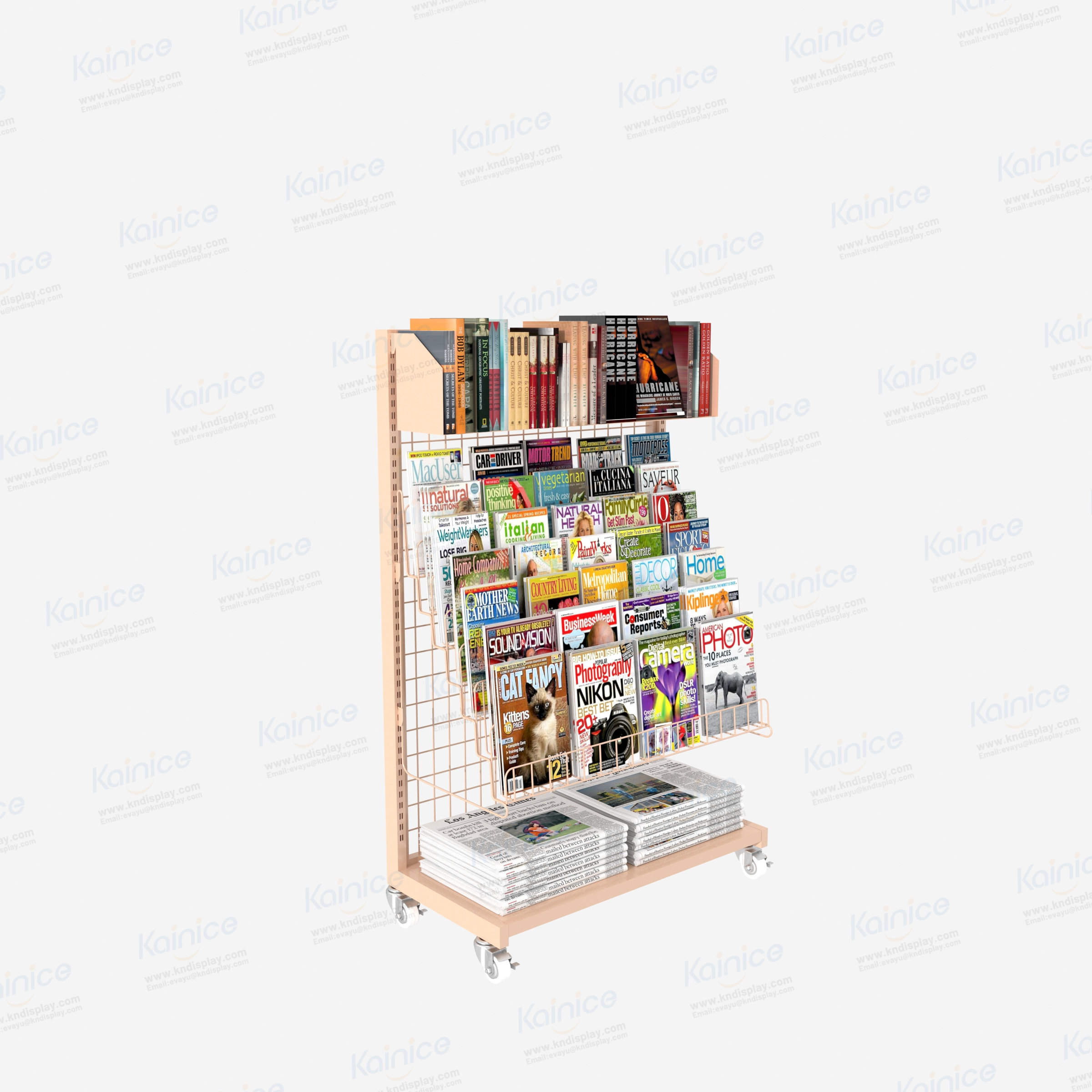 Kainice rotating 360 degree mesh wire posts stacking rack small storage trolley round outdoor magazine newspaper display rack