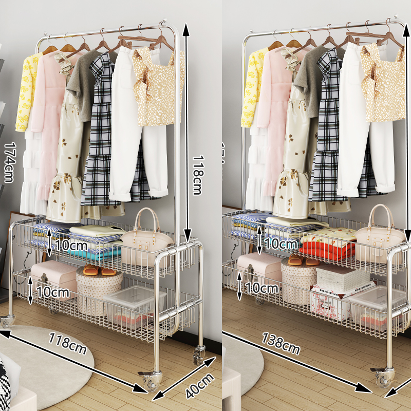 Kainice Double Layer Storage Shoe Clothes Hanging Rack Laundry Hamper Basket Butler Cart with Wheels