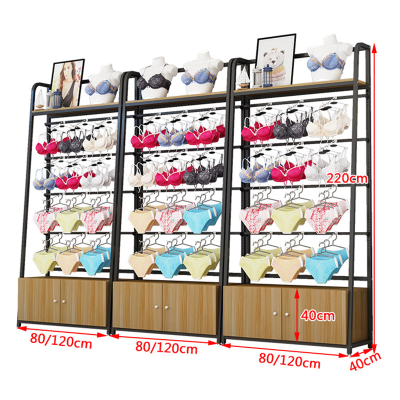 Kainice stainless steel shelving gondola with hook wooden underwear lingerie display rack for shopping malls and supermarkets