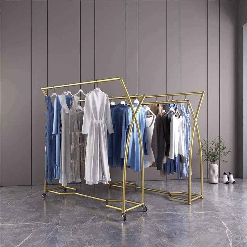 Kainice Fashion Double rods Gold Heavy Duty Clothes Rack Golden Clothing Hanger Display Stand Garment Racks with wheels