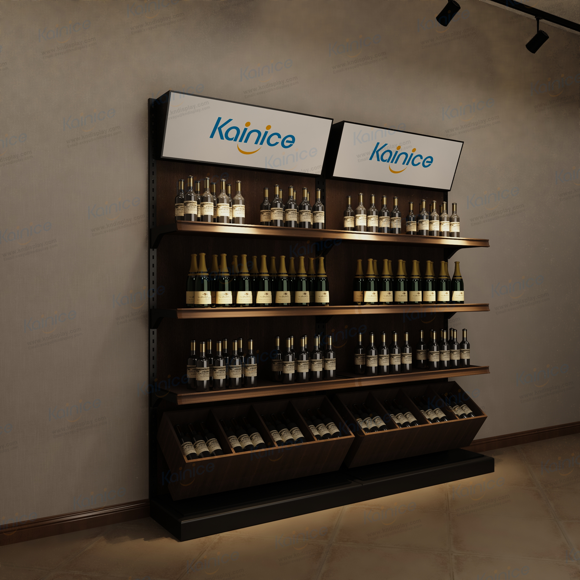 Kainice customize retail floor to ceiling bamboo wooden stackable shelf mounted non perforated wall wine rack display rack