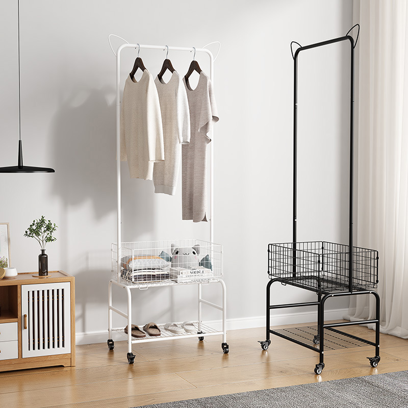 Kainice 3 Tier Metal Pole Rack Hanging Bar Laundry Cart Garment Rack Clothing Display Rack With Basket Storage