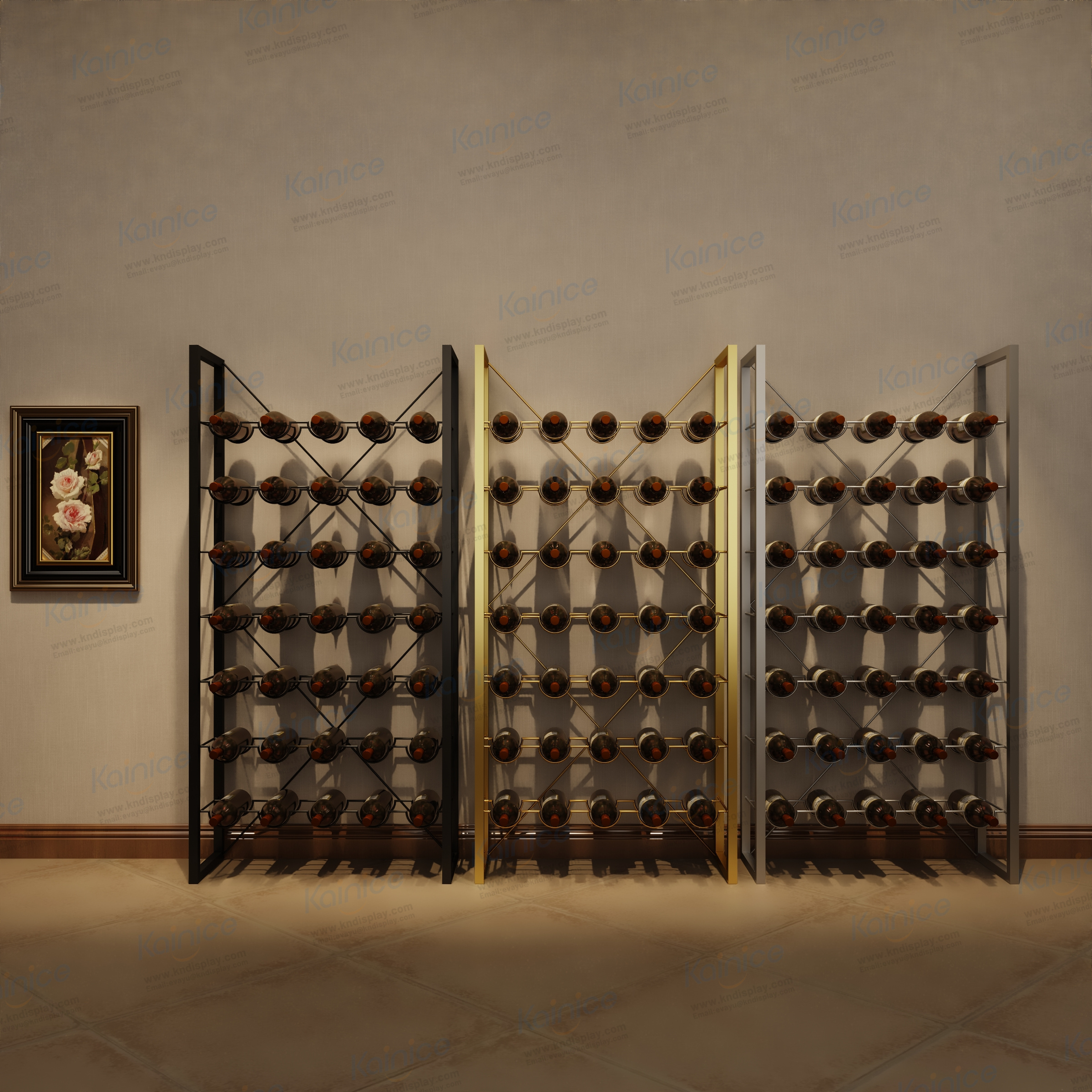 Kainice customize retail floor to ceiling bamboo wooden stackable shelf mounted non perforated wall wine rack display rack