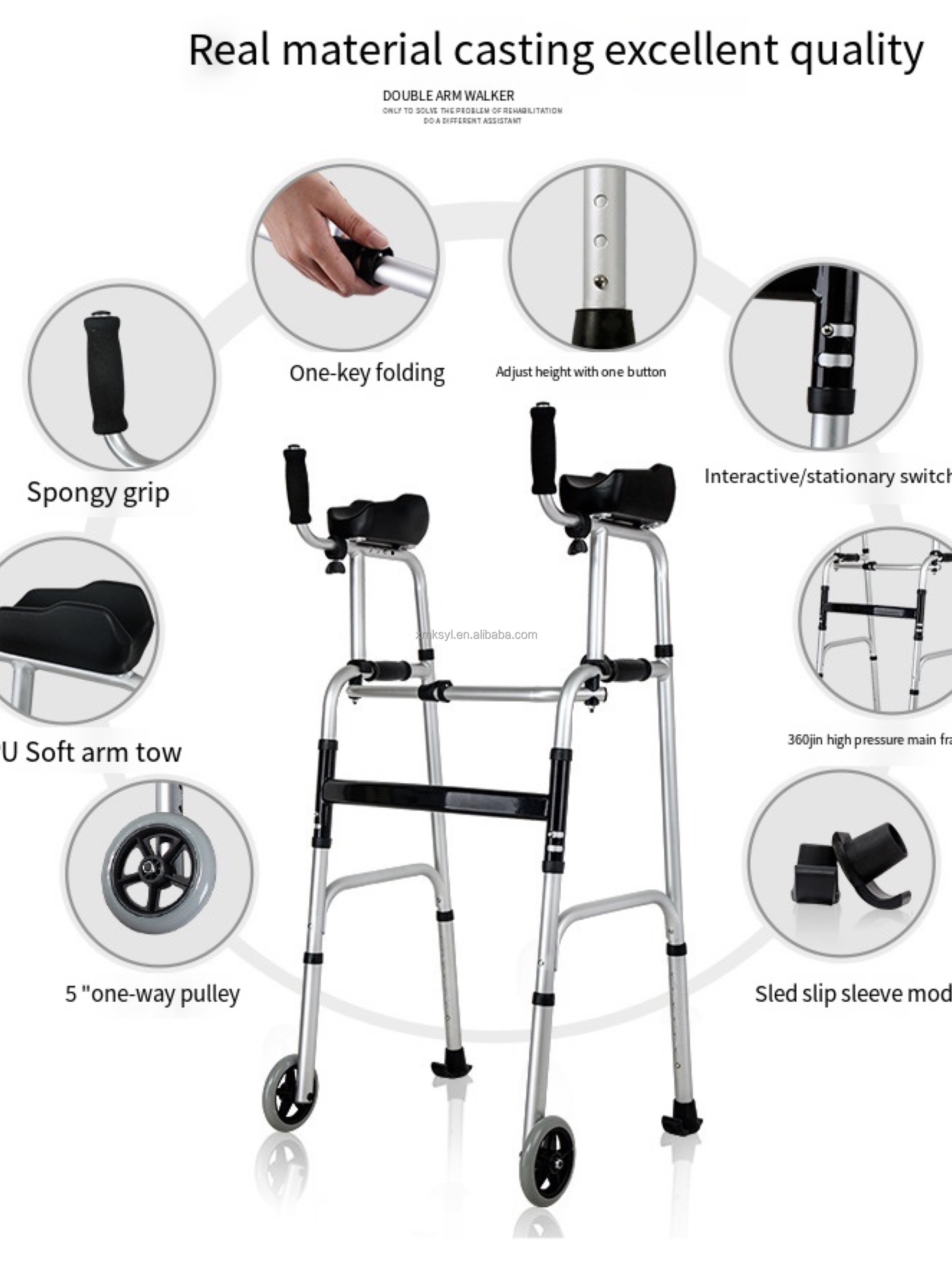 Two wheels adjustable light weight aluminum folding walker with armrest for adults