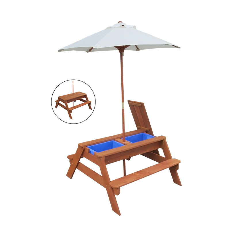 Wooden Children Picnic Table And Umbrella with Play Tubs