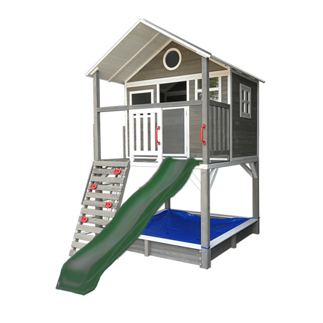 waterproof prefab garden cheap children outdoor kids wooden playhouse with plastic slide