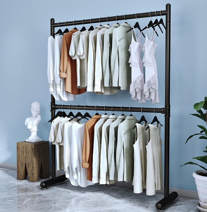 Double-Layer Clothing Store Display Rack Multi-Level Hanging Rail for Men's & Women's Clothes Lift and Adjusted Clothing Rack