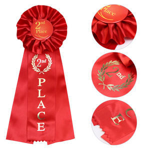 Customized logo printed prizes button badge satin rosette award ribbon with tinplate buttons