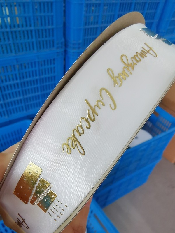 Customized Design Embossed Shiny Gold Foil Print Gift Packing Polyester Satin Ribbon With  Logo