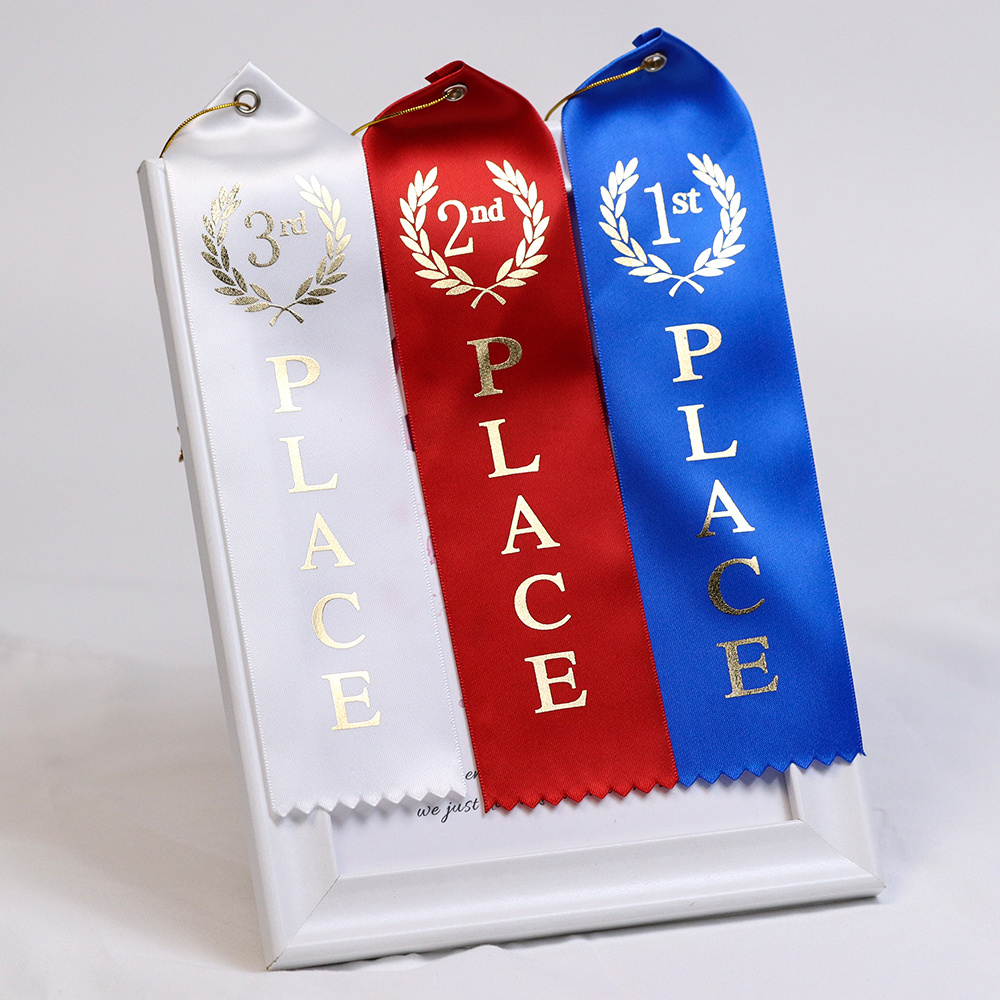 Customized logo printed prizes button badge satin rosette award ribbon with tinplate buttons