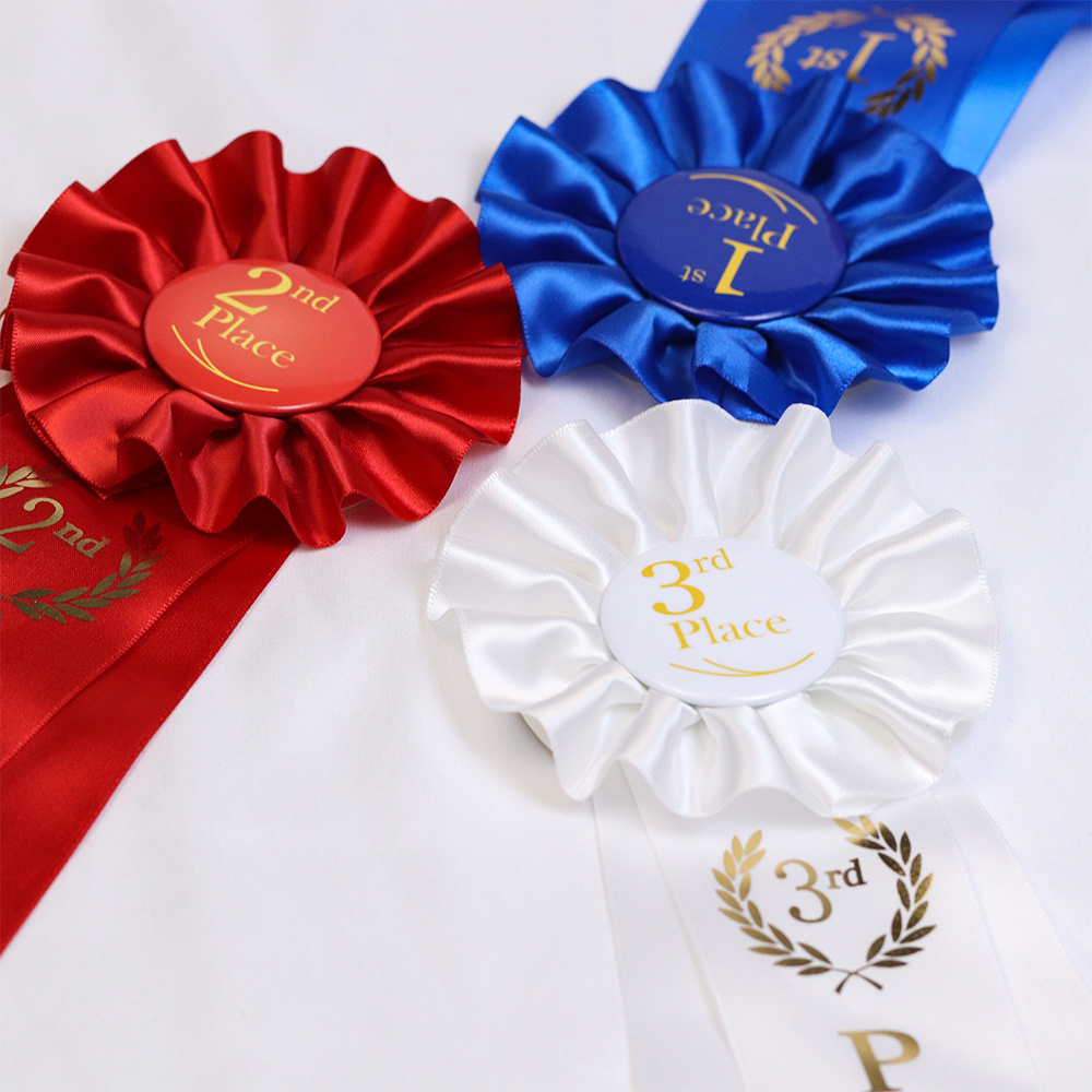 Customized logo printed prizes button badge satin rosette award ribbon with tinplate buttons