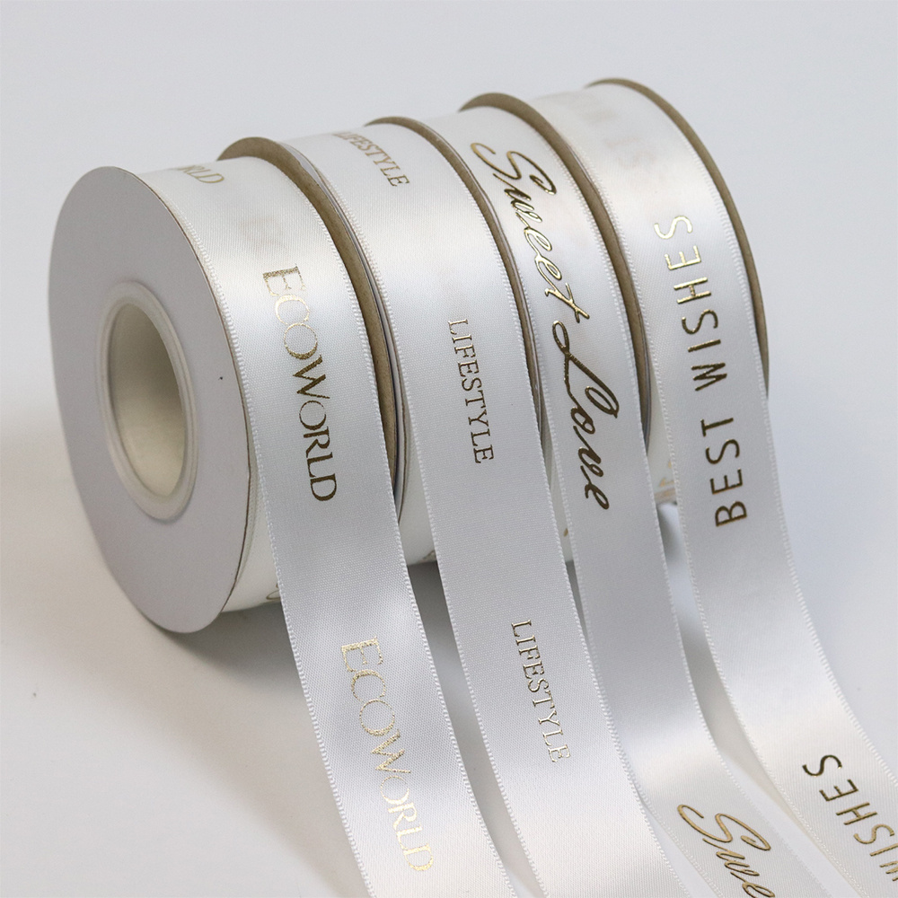 Customized Design Embossed Shiny Gold Foil Print Gift Packing Polyester Satin Ribbon With  Logo