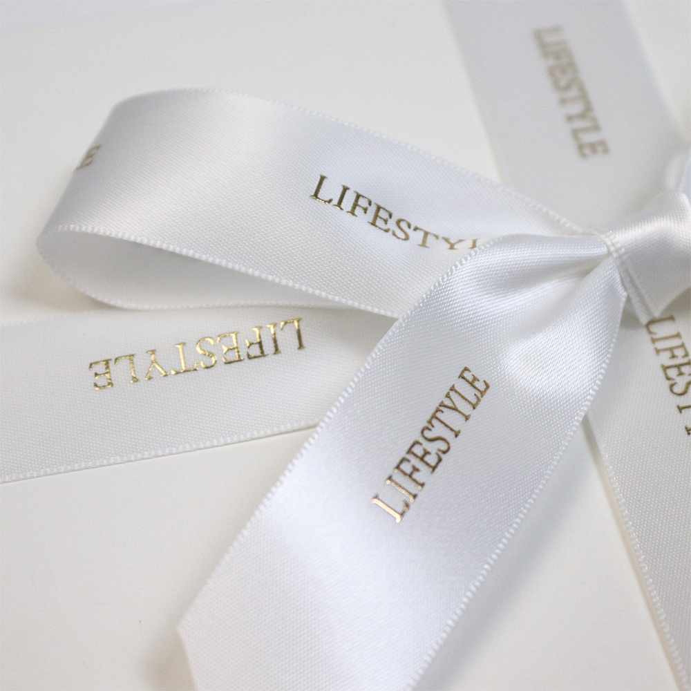 Customized Design Embossed Shiny Gold Foil Print Gift Packing Polyester Satin Ribbon With  Logo