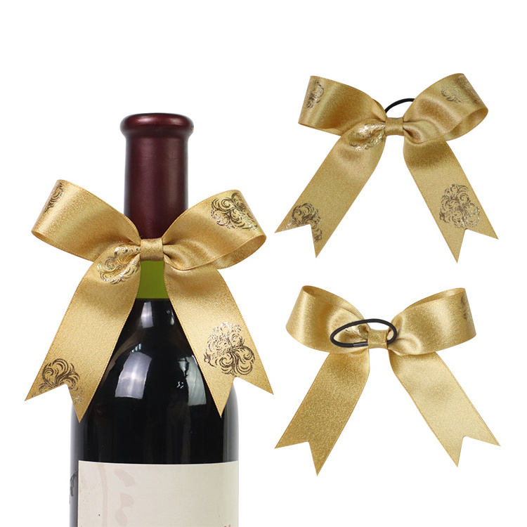 Popular Bottle Neck Decorative Bows,Pre tied Wine Bottle Bow Tie with gold elastic band