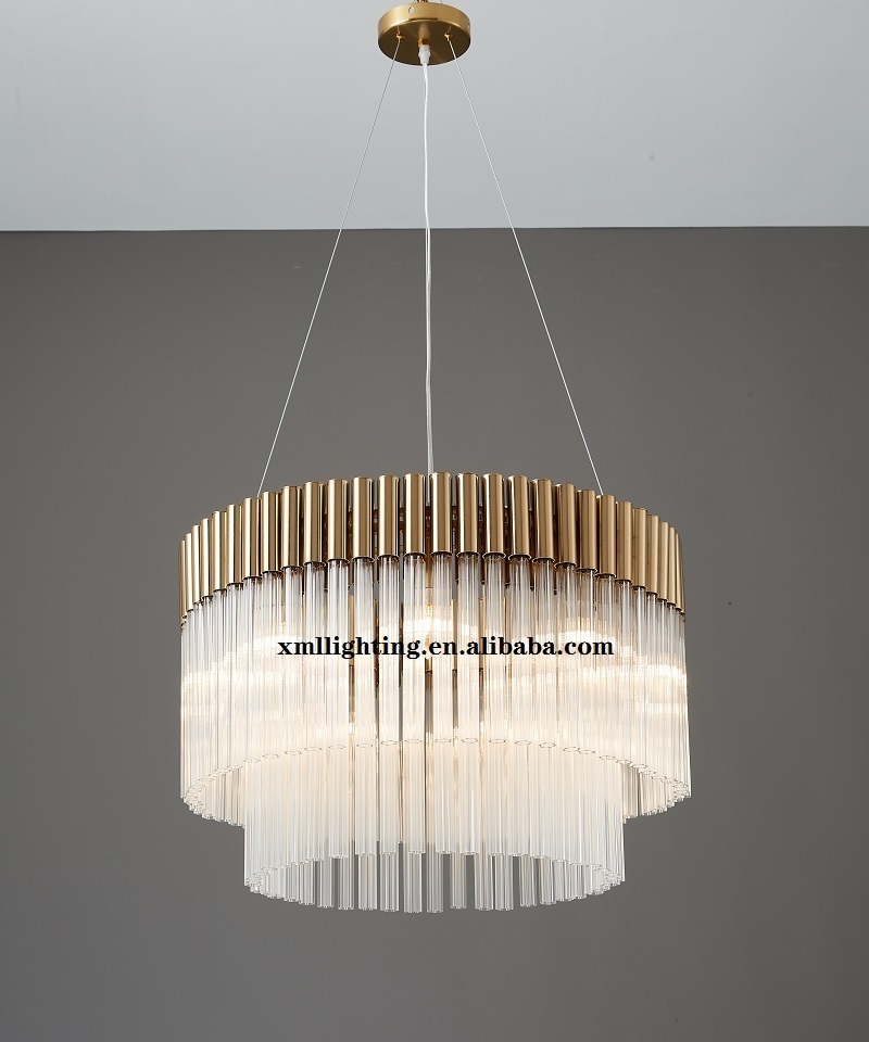 Modern Indoor Decorative Round And Large Hand Blown Clear Crystal Glass Rod Chandelier