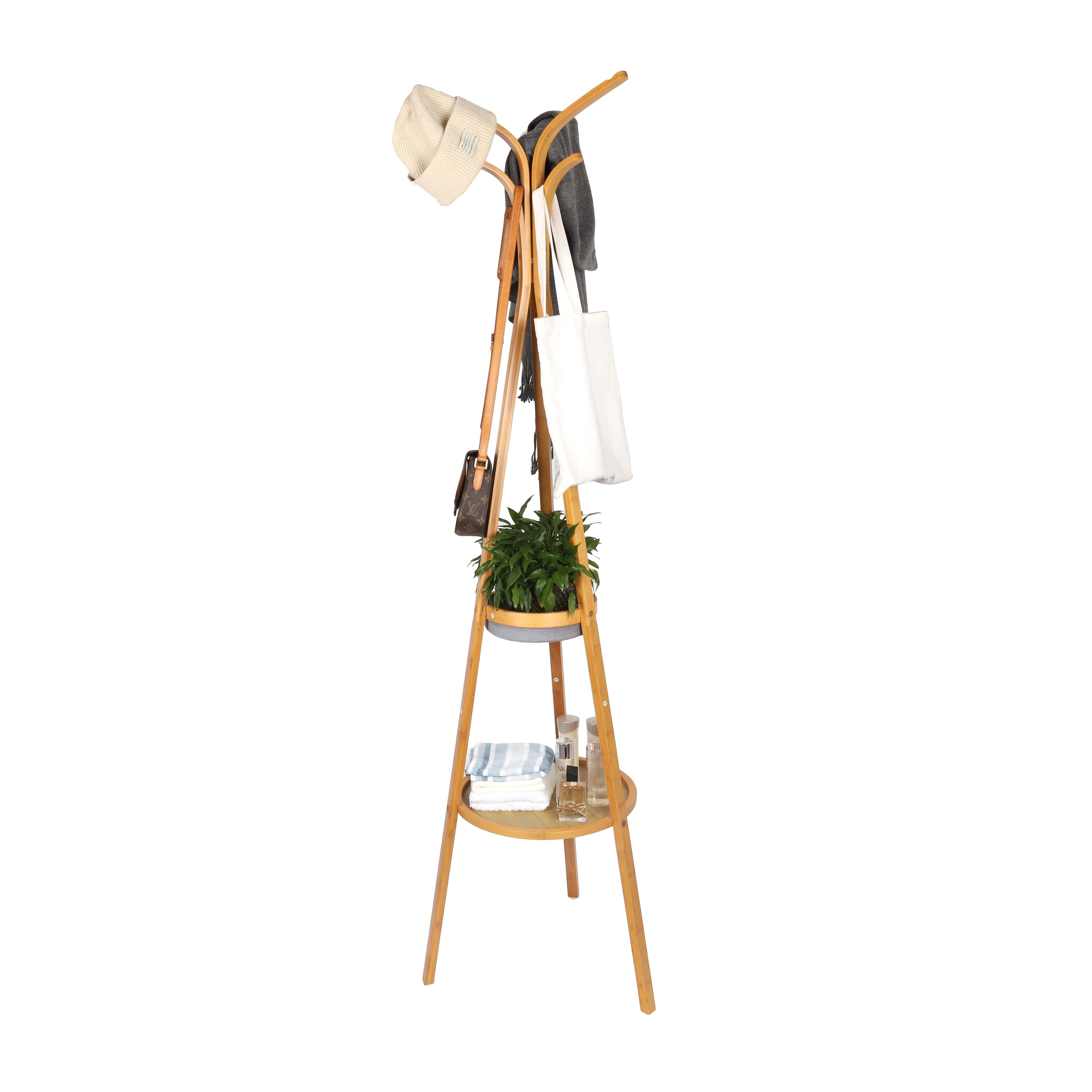 Bamboo Free Standing Display Clothes Hanger Garment Storage Holder Hall Tree Hat Stand Coat Rack with 2 Shelves Modern