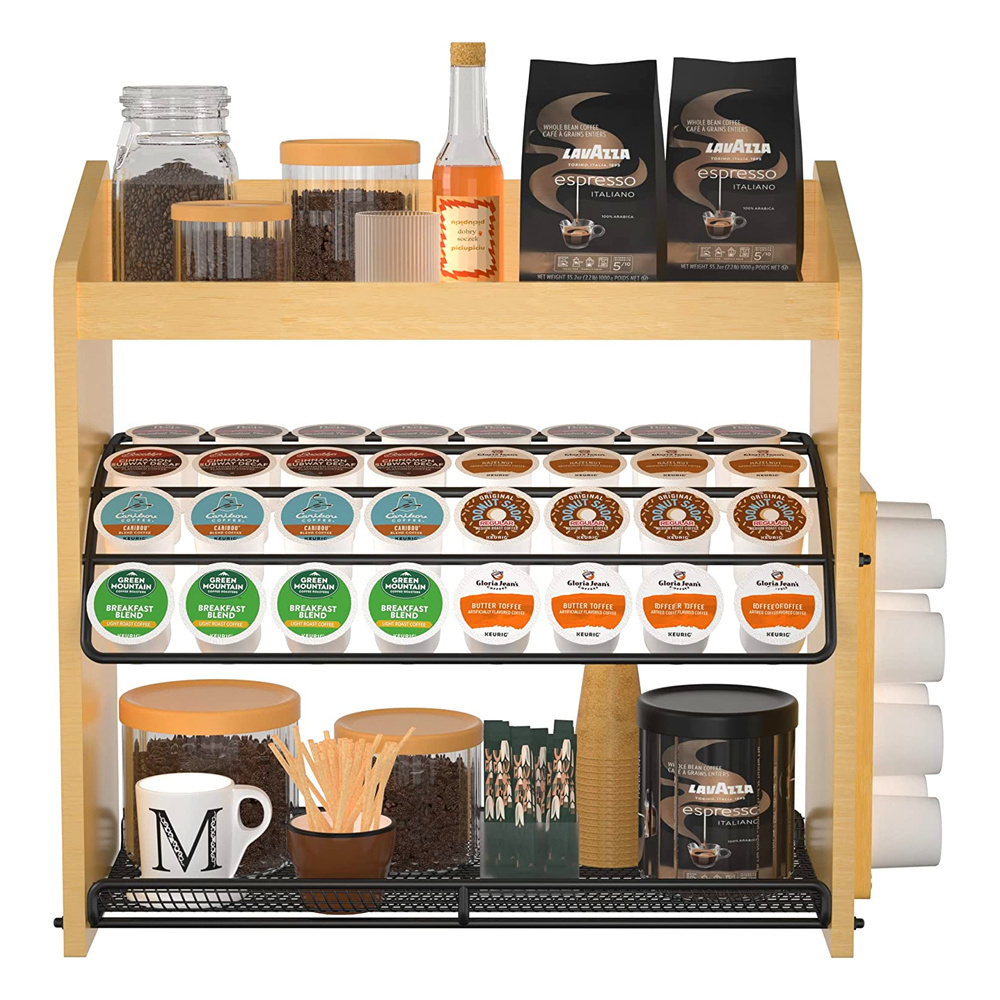 wooden coffee pod capsule storage drawer bamboo upright coffee pod condiment and cup storage organizer with bamboo rack