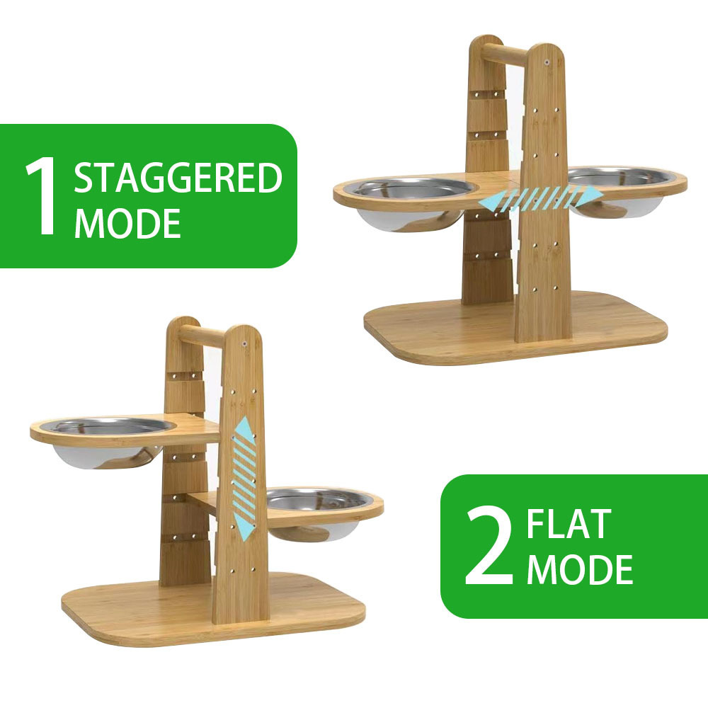 Adjustable Raised Dog Bowls Bamboo Elevated Feeder Stand with 2 Stainless Steel Bowls Pet Dining Table Feeding Station