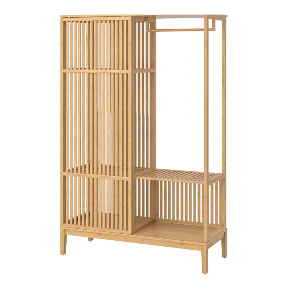 Bamboo coat rack clothes stand open wardrobe shelf with storage and sliding door