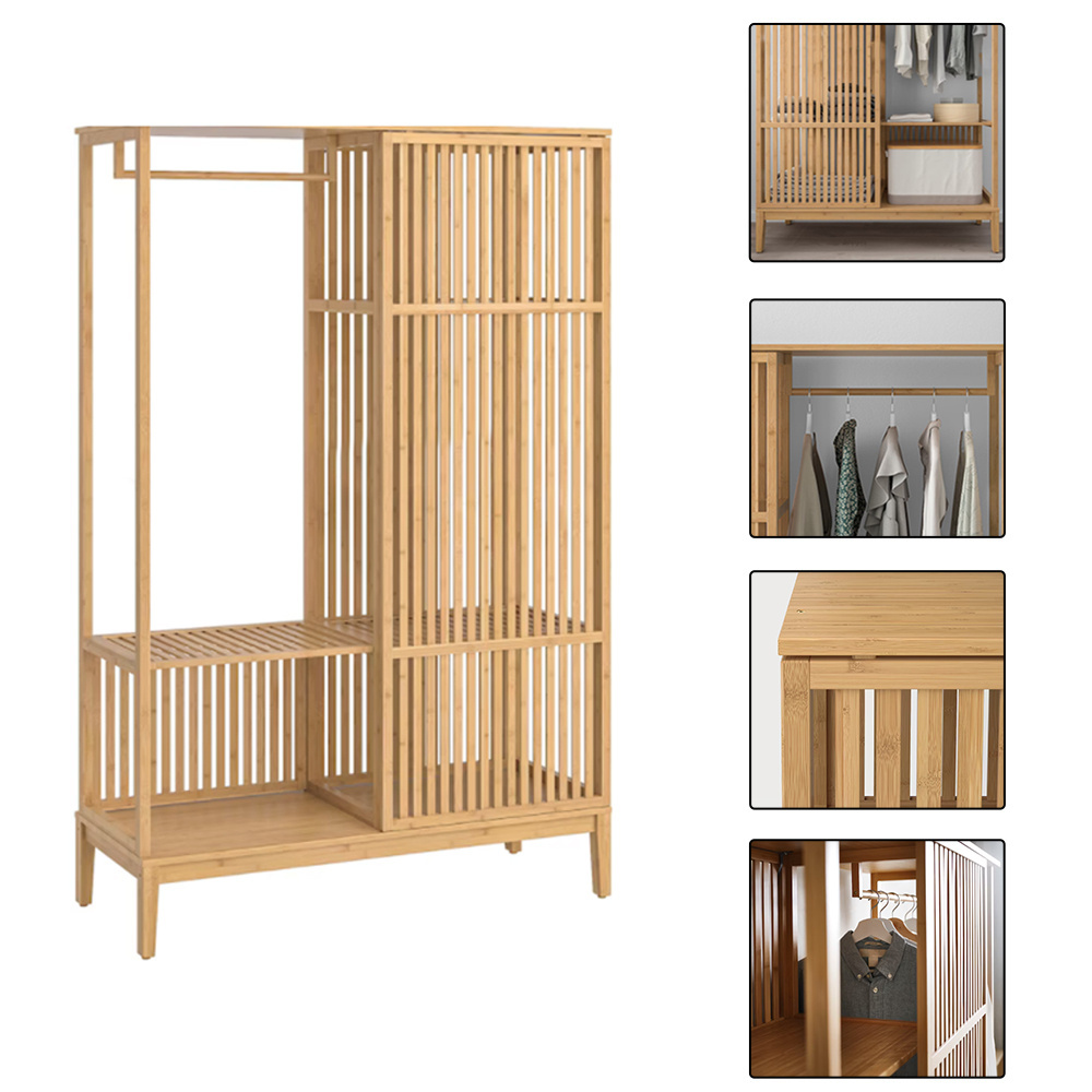 Bamboo coat rack clothes stand open wardrobe shelf with storage and sliding door