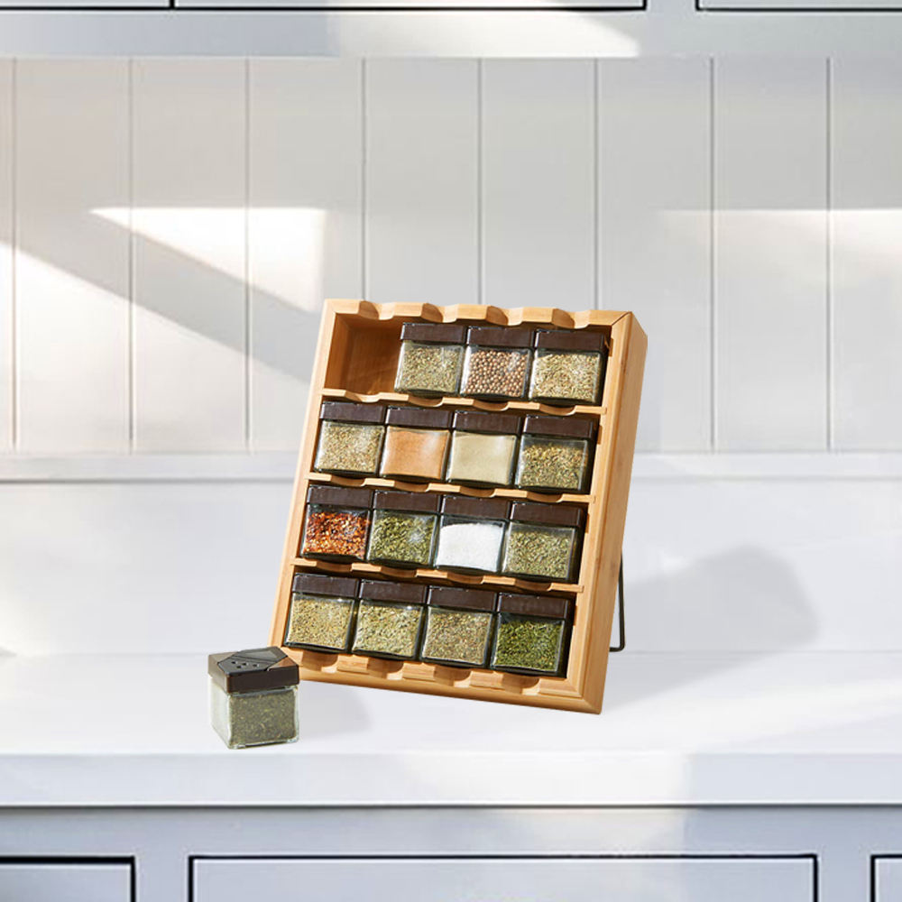 4-Tier Bamboo Spice Rack Shelf 16 Cubes Detached Wall Mounted Kitchen Storage Organizer for Countertop Wall and Drawer