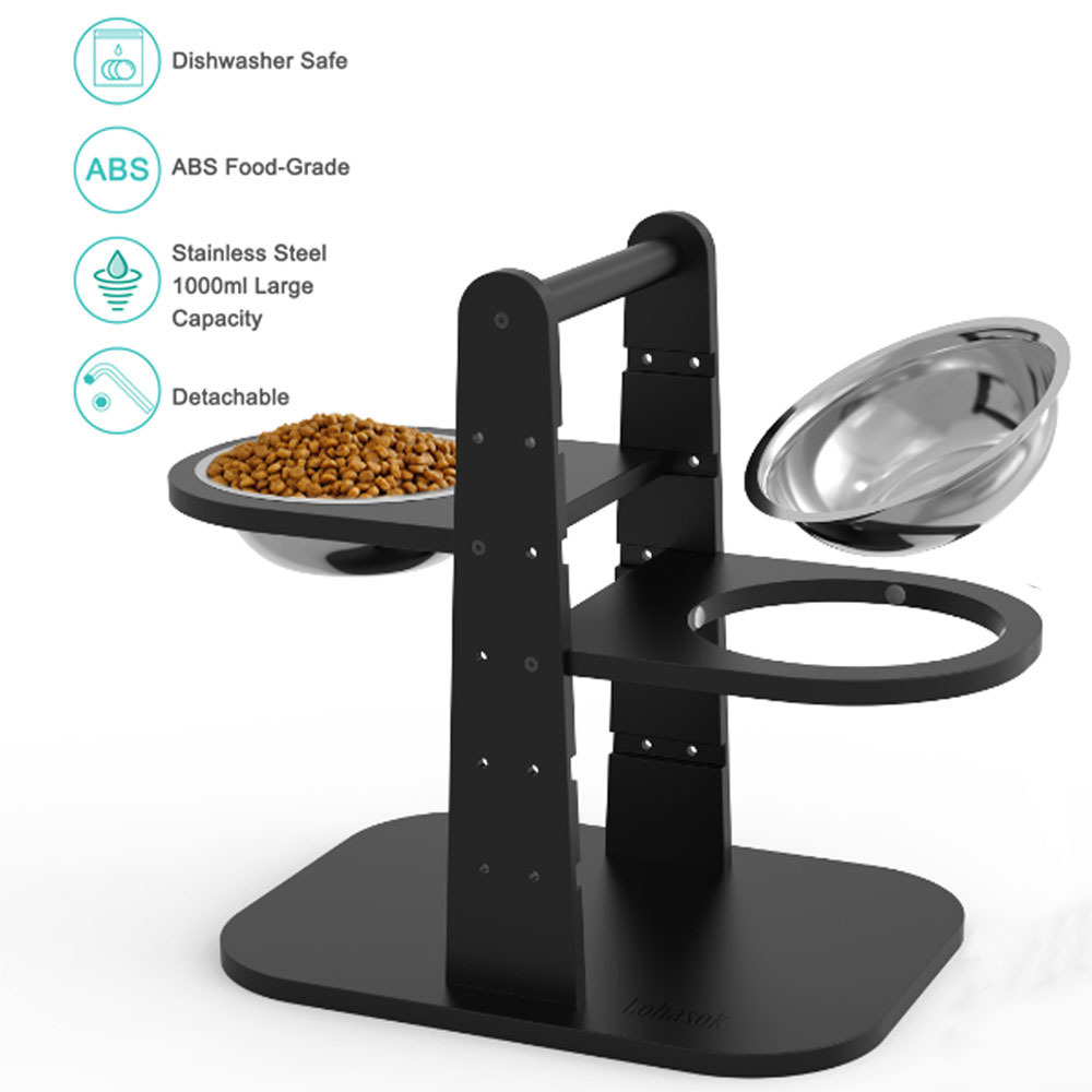 Adjustable Raised Dog Bowls Bamboo Elevated Feeder Stand with 2 Stainless Steel Bowls Pet Dining Table Feeding Station