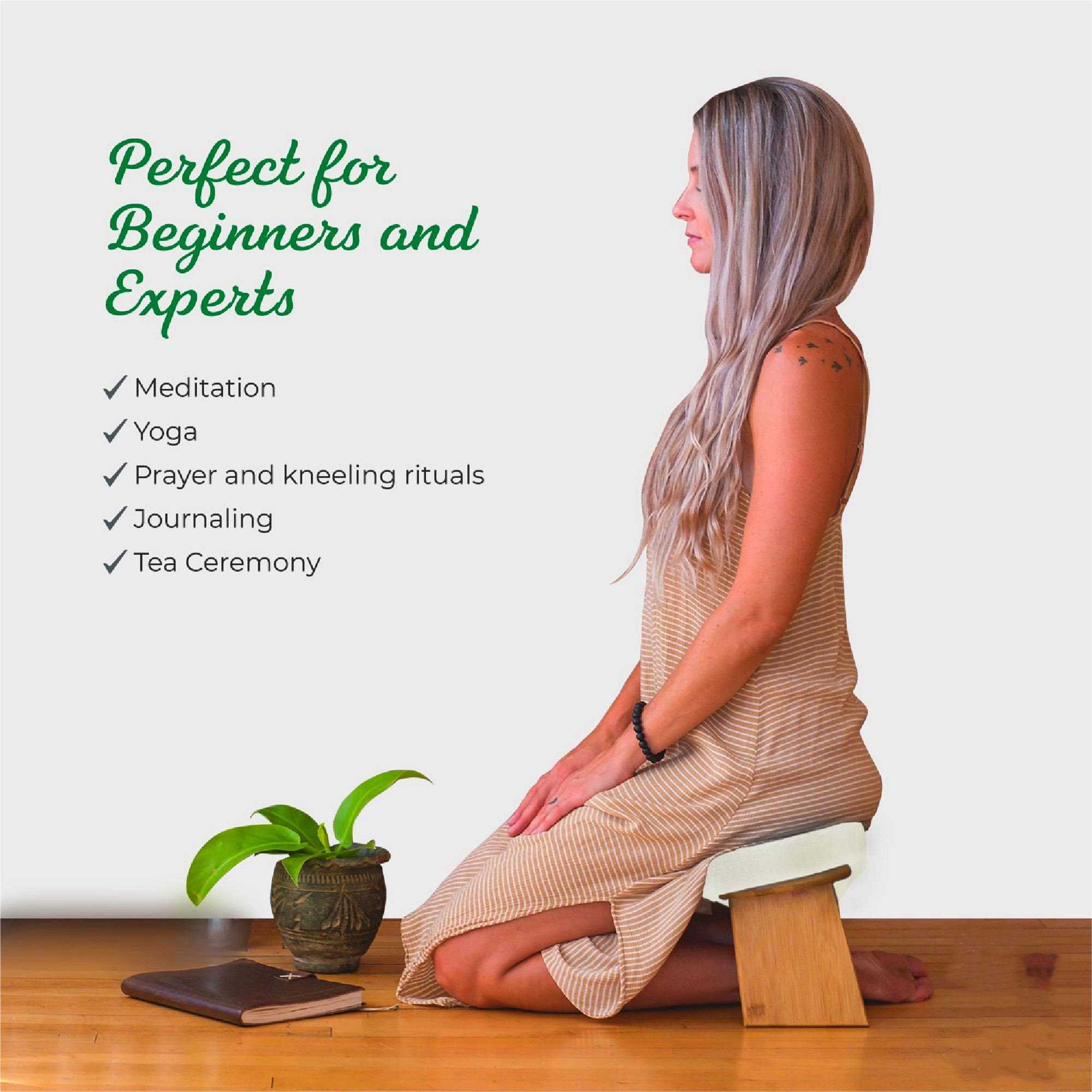 Bamboo Yoga Bench Includes Carrying Bag Kneeling Meditation Bench with Foldable Legs and Cushion Foldable Meditation Bench