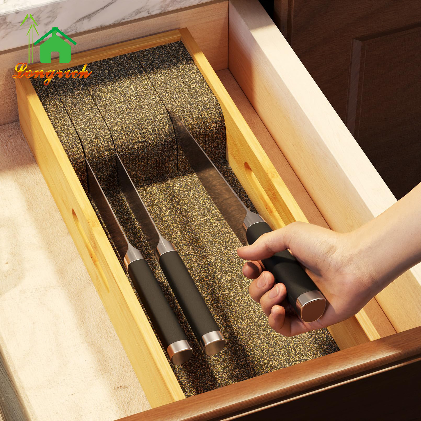 Bamboo Insert Dock Knife Drawer Organizer  Kitchen Steak Knives Holder Organizers Block for Drawer in Storage Organization