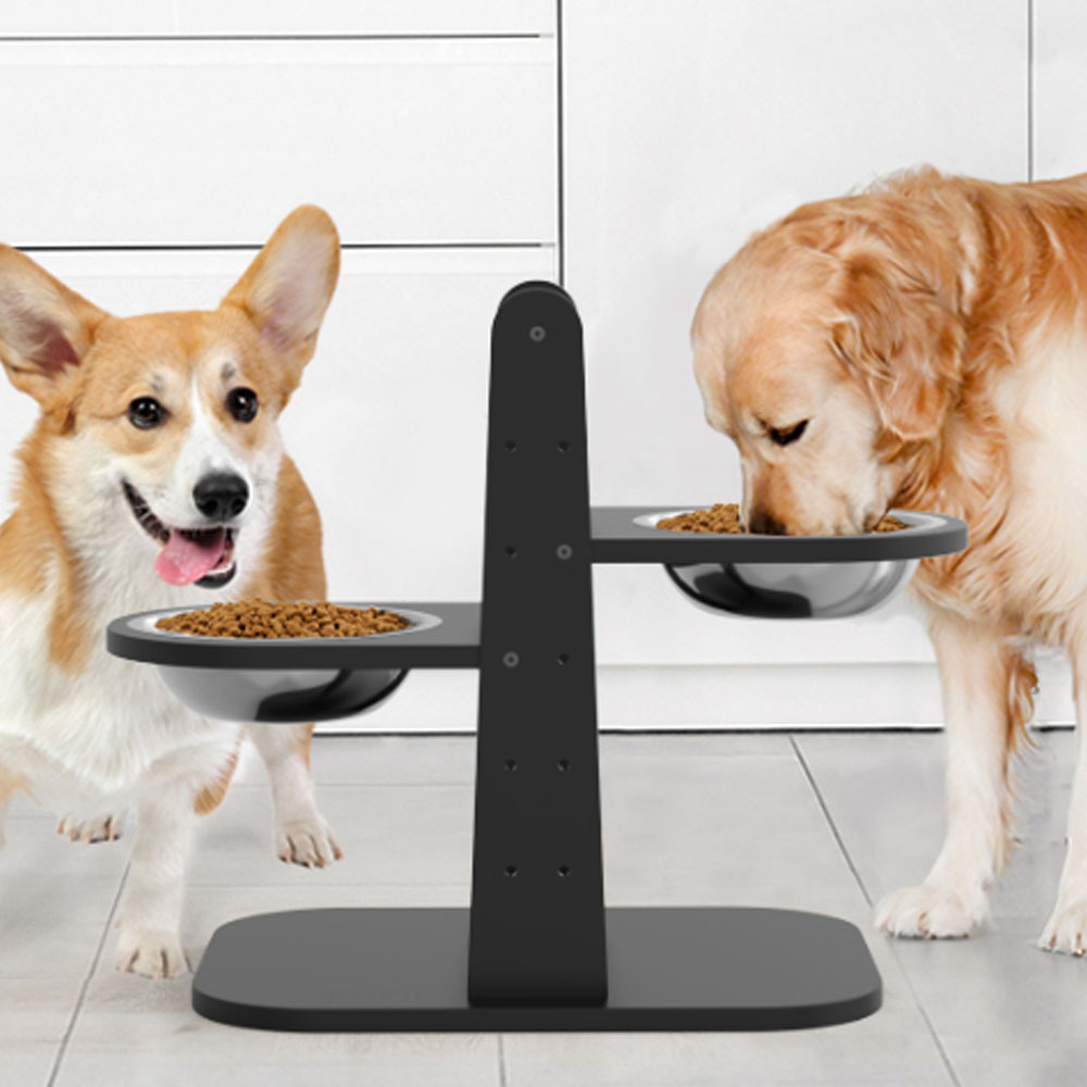 Adjustable Raised Dog Bowls Bamboo Elevated Feeder Stand with 2 Stainless Steel Bowls Pet Dining Table Feeding Station